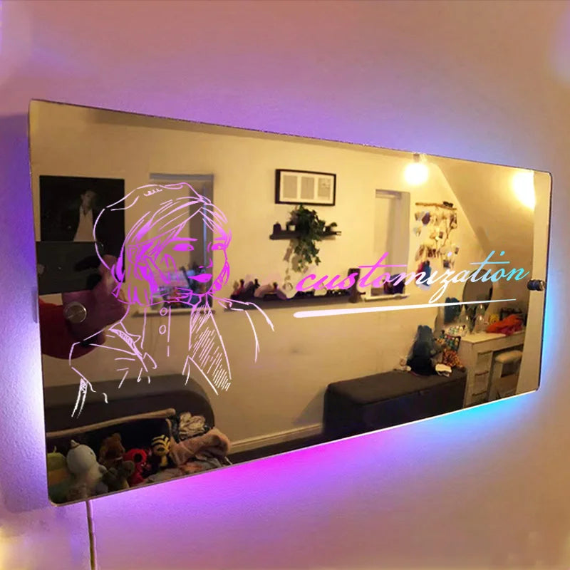 Custom Personalised Mirror Light Words Acrylic Mirror Wall Decor LED Light Wall Name Neon Sign Star Fans Gift Room Decorations