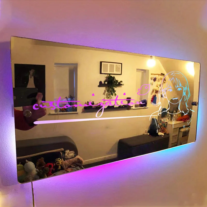 Custom Personalised Mirror Light Words Acrylic Mirror Wall Decor LED Light Wall Name Neon Sign Star Fans Gift Room Decorations