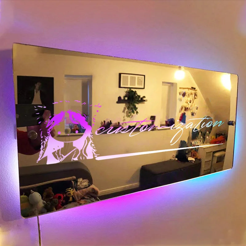 Custom Personalised Mirror Light Words Acrylic Mirror Wall Decor LED Light Wall Name Neon Sign Star Fans Gift Room Decorations