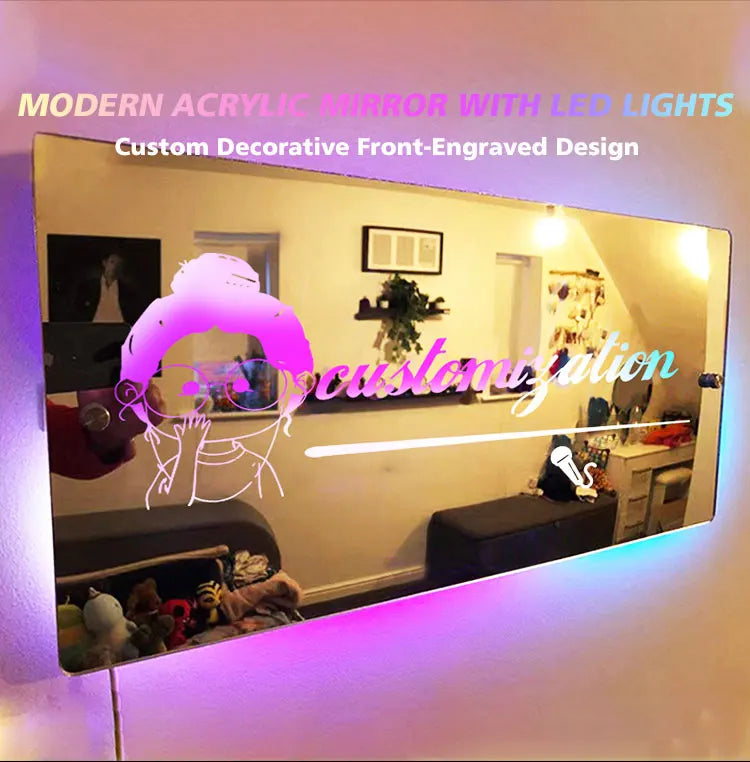 Custom Personalised Mirror Light Words Acrylic Mirror Wall Decor LED Light Wall Name Neon Sign Star Fans Gift Room Decorations