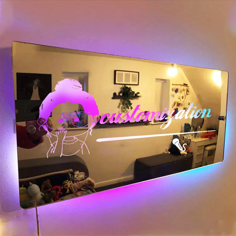 Custom Personalised Mirror Light Words Acrylic Mirror Wall Decor LED Light Wall Name Neon Sign Star Fans Gift Room Decorations